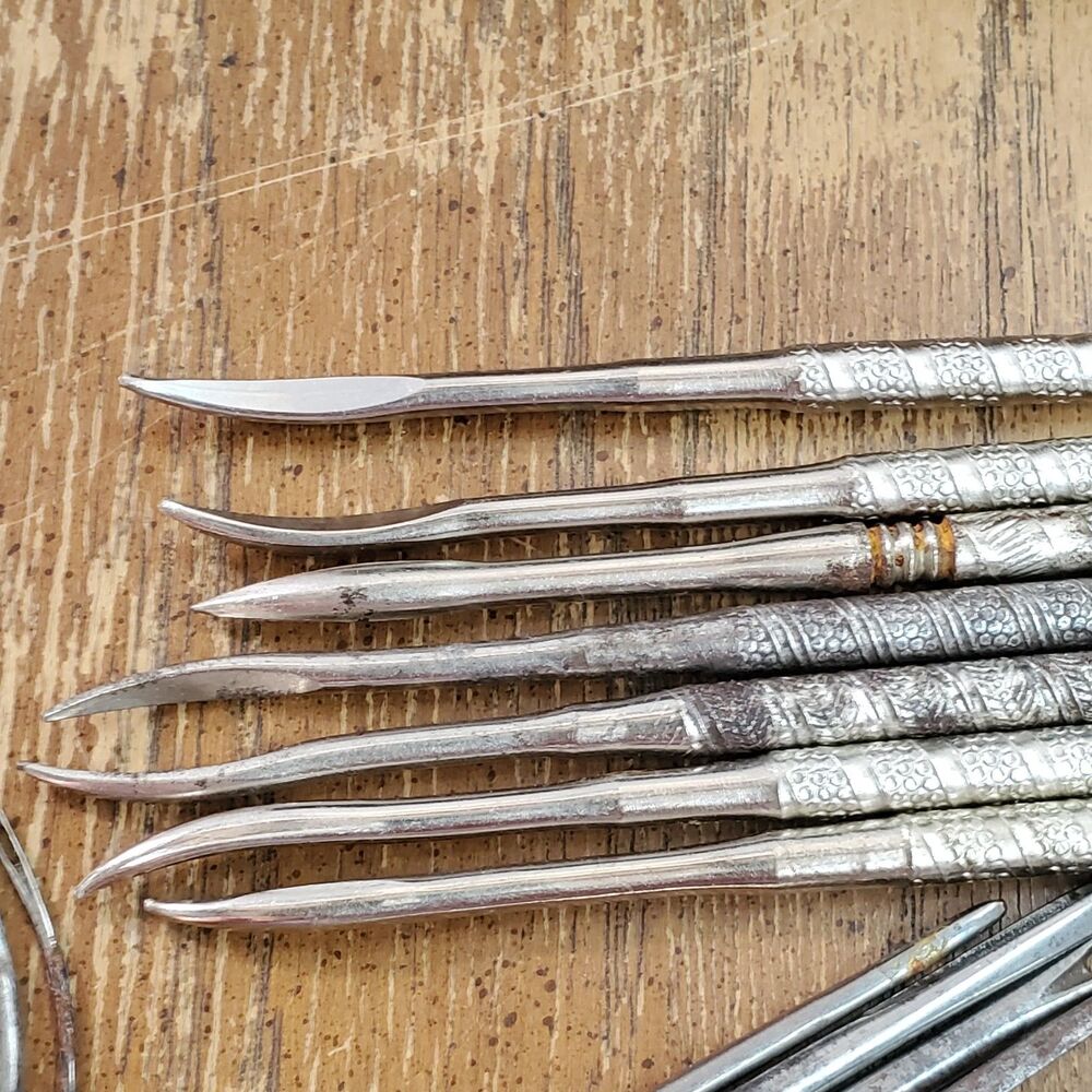 Antique Art Deco Bakelite Box Leather Awls Curved Sewing Needles Tweezers Picks - Picture 14 of 16
